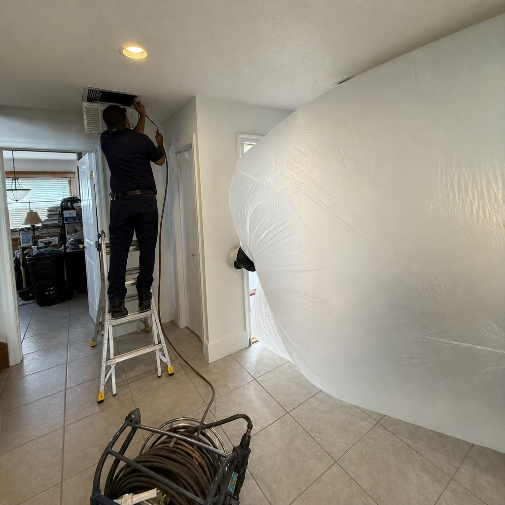 Technician performing professional air duct cleaning service using vacuum equipment