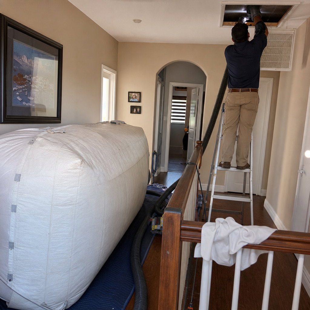 Technician performing professional residential air duct cleaning service