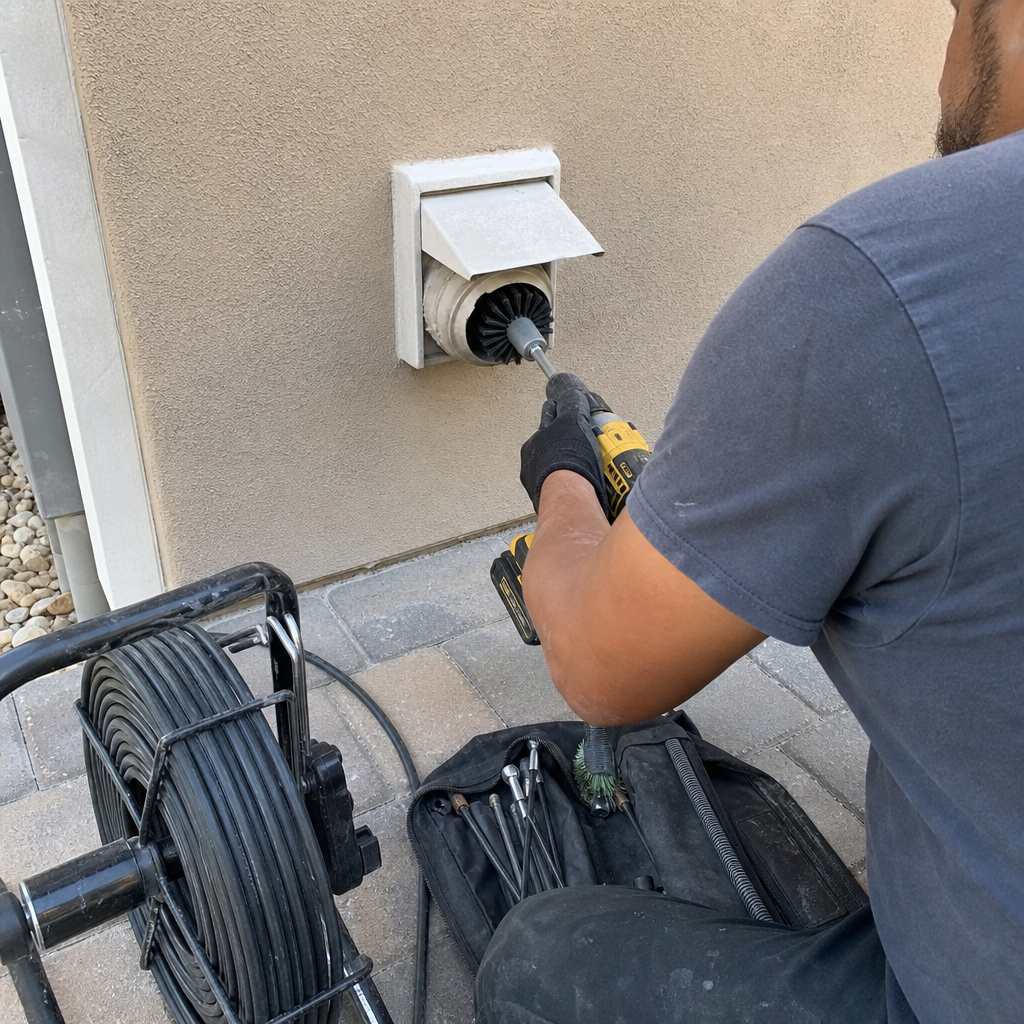Technician using a rotating brush tool for professional dryer vent cleaning