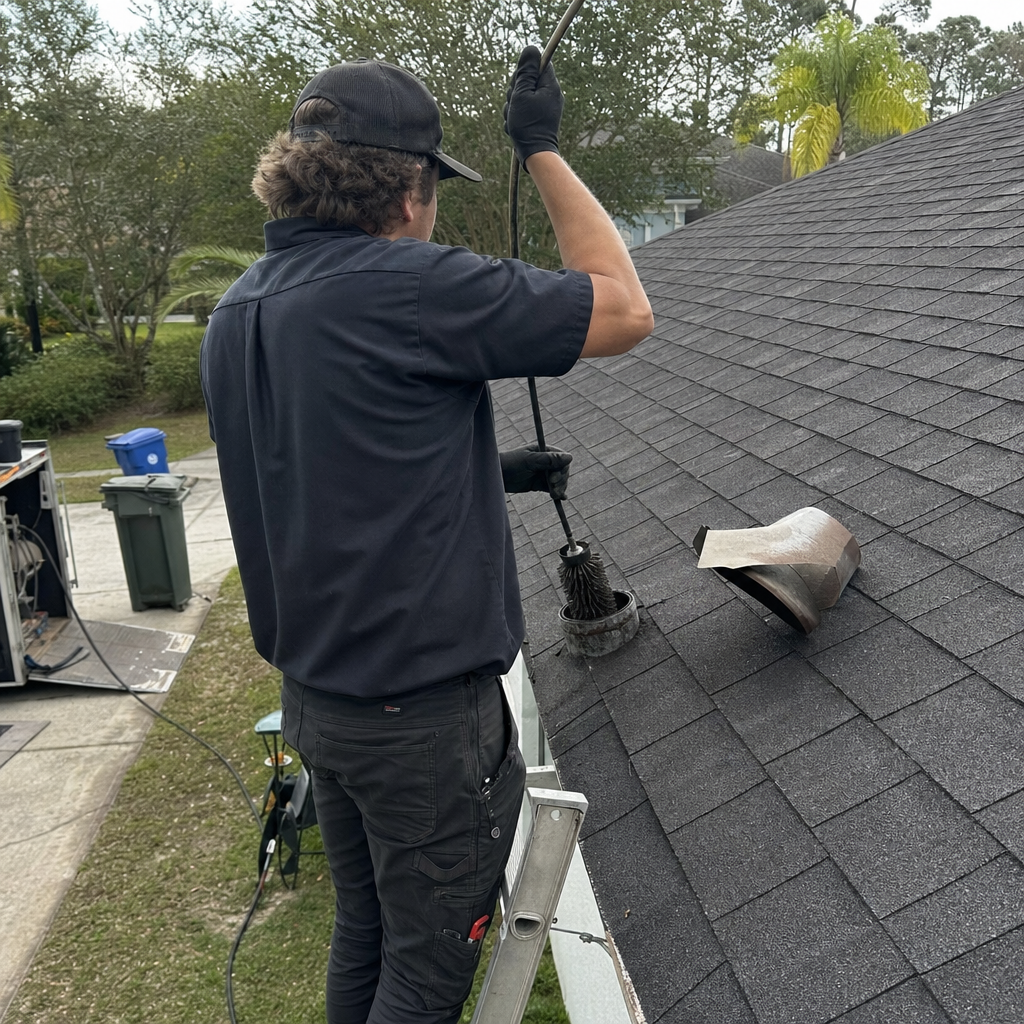 Technician performing professional dryer vent cleaning from a roof