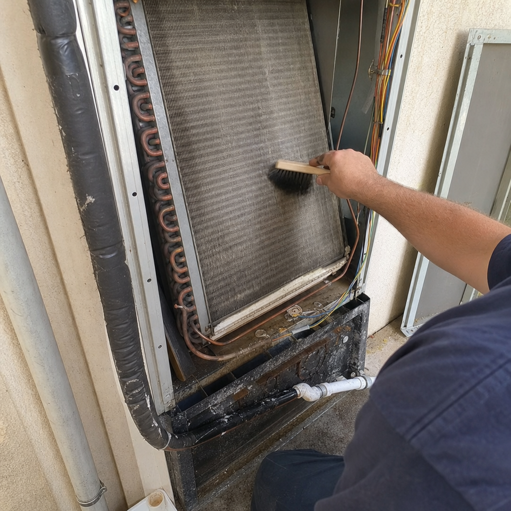 HVAC technician cleaning dust from air conditioning coils with a brush