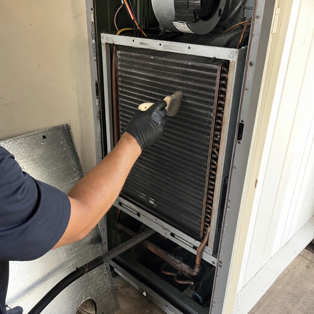 HVAC technician cleaning dusty air conditioner evaporator coils with a brush