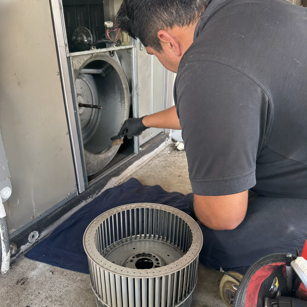 Technician performing professional HVAC blower wheel cleaning and maintenance
