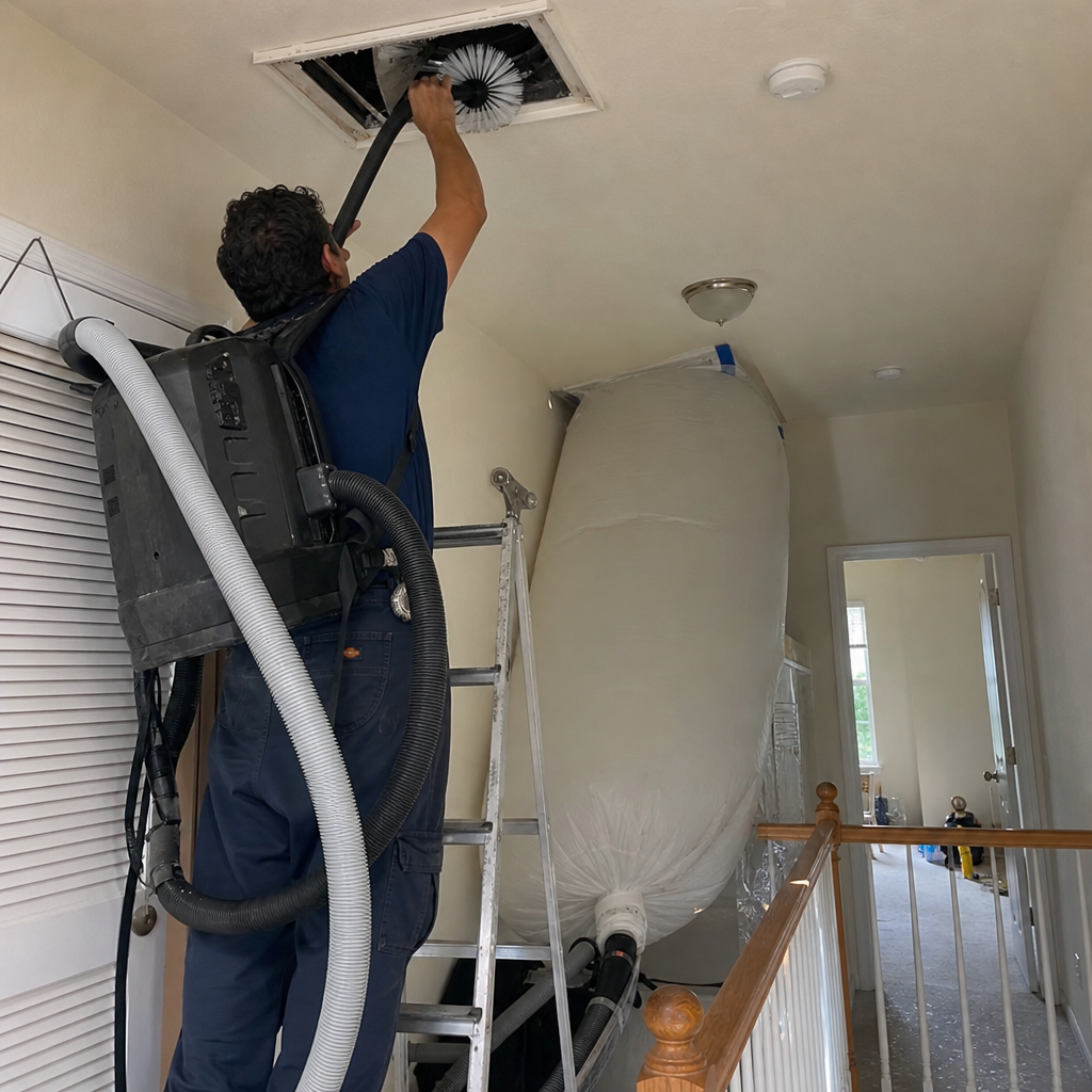 professional technician performing residential air duct cleaning service with specialized equipment