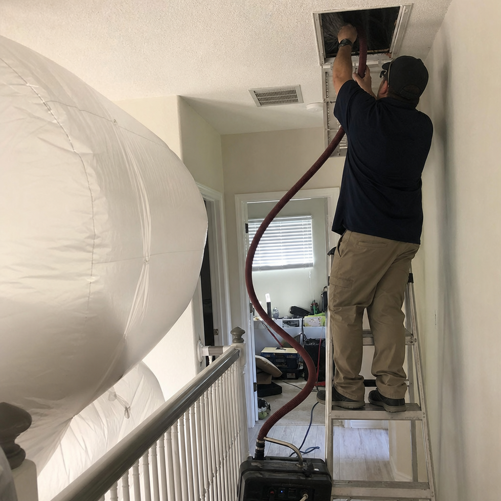 Professional technician performing residential air duct cleaning service with industrial equipment