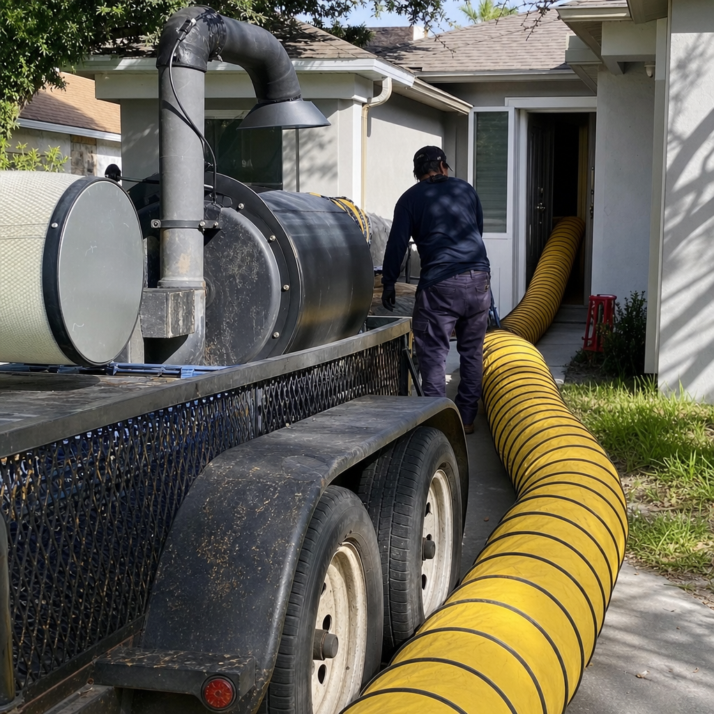 Technician using professional air duct cleaning vacuum equipment outside a home