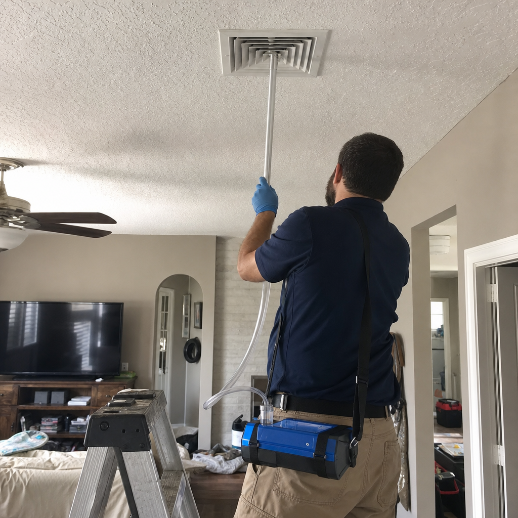 Technician performing professional residential air duct cleaning and sanitization service in Orlando, FL