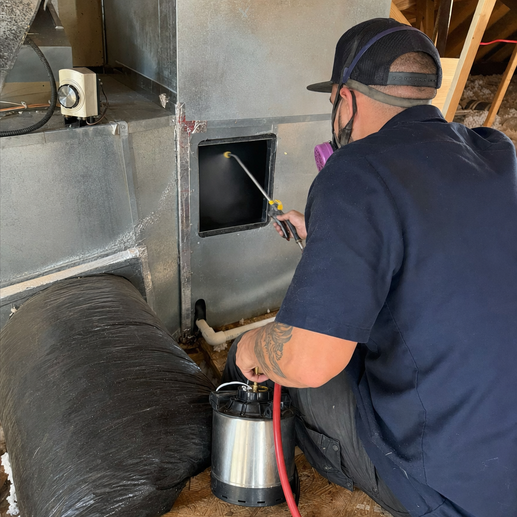 Technician performing professional HVAC air duct cleaning and sanitizing service in Orlando, FL
