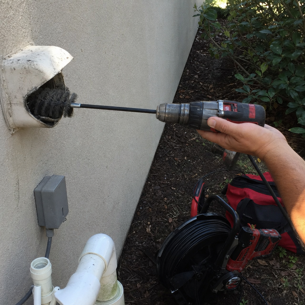 Technician using a power drill and rotary brush for dryer vent cleaning