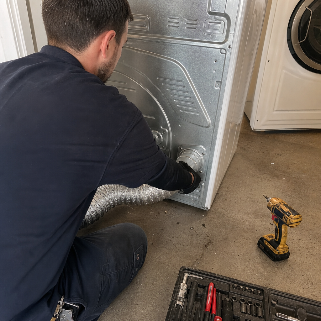 Technician connecting dryer vent hose for professional dryer cleaning service