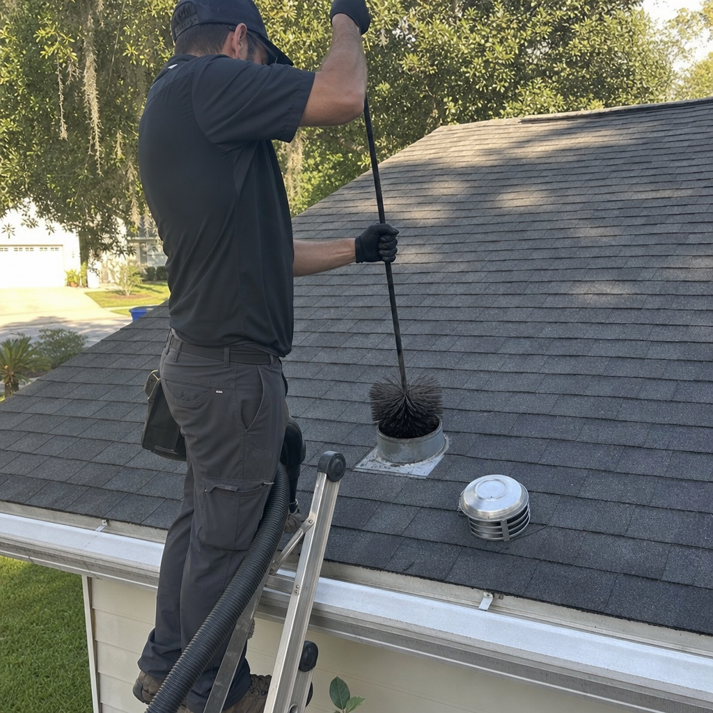 Professional technician performing dryer vent cleaning on a residential rooftop