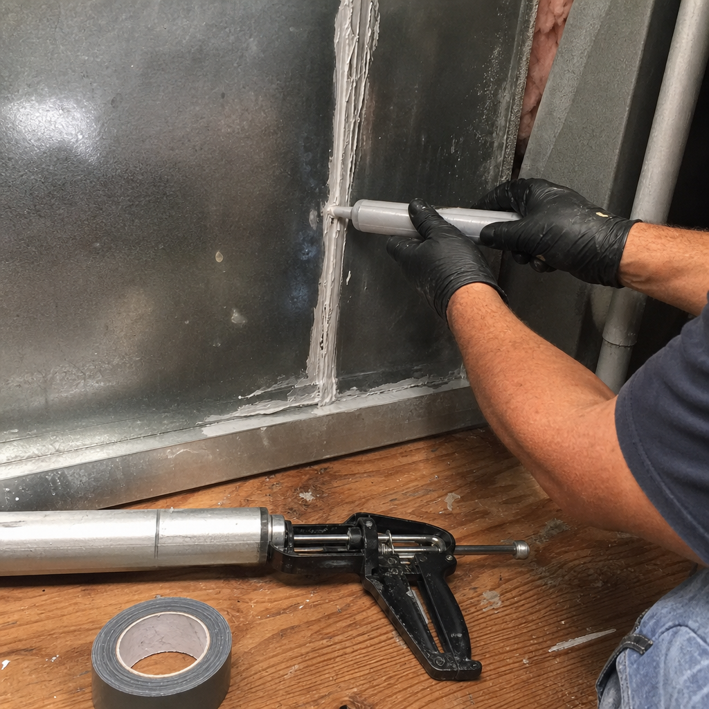 HVAC technician applying sealant to a metal air duct seam. in Orlando, FL