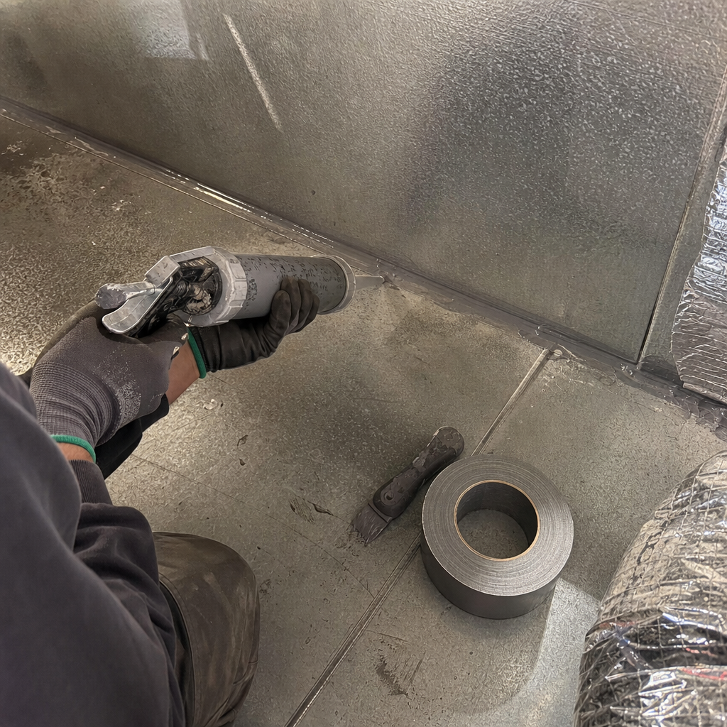 Technician performing professional duct repair and sealing on metal HVAC system in Orlando, FL