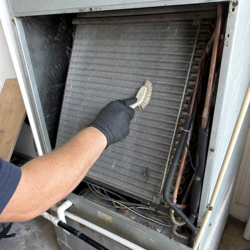 HVAC technician cleaning dust from an evaporator coil with a brush