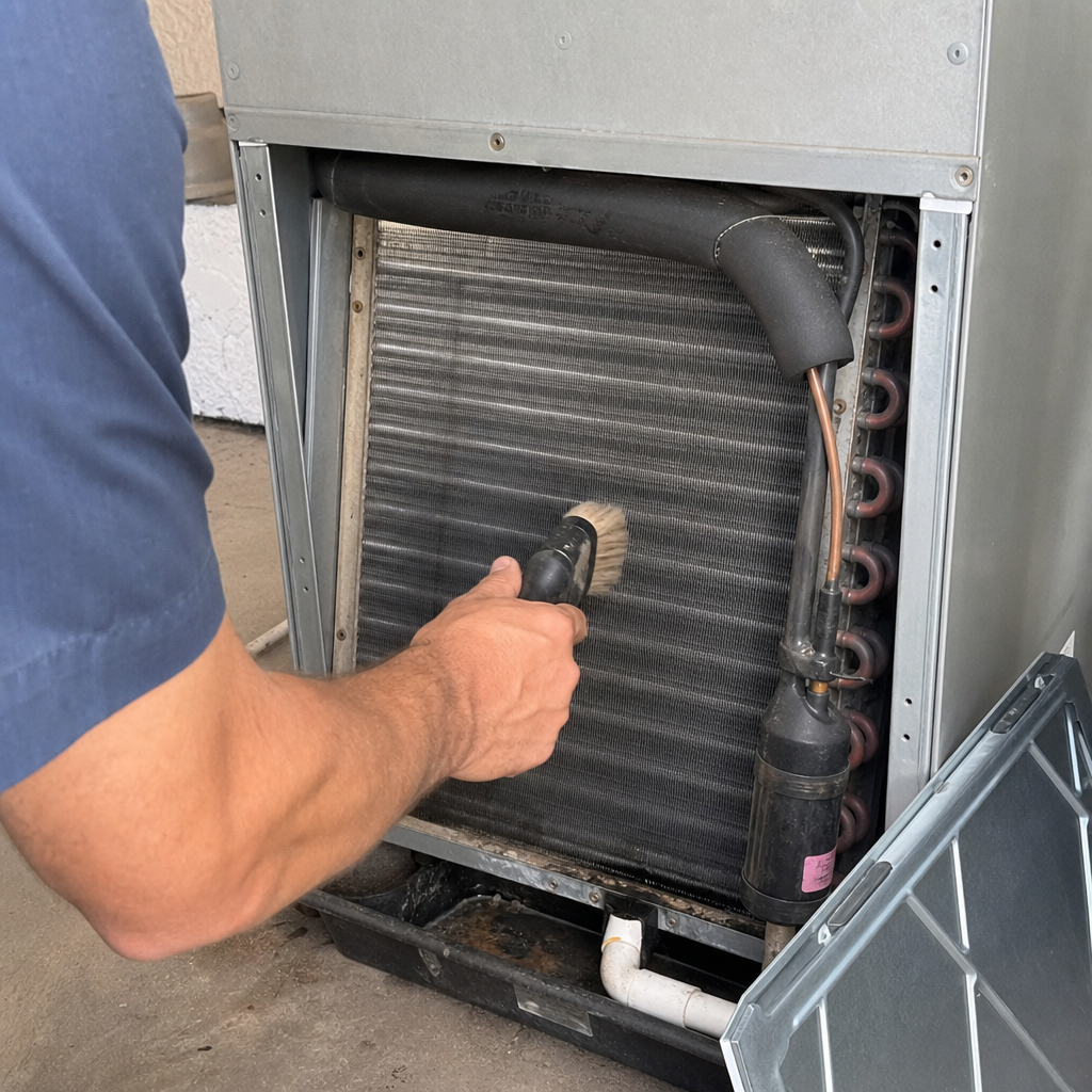 HVAC technician cleaning evaporator coils with a professional brush