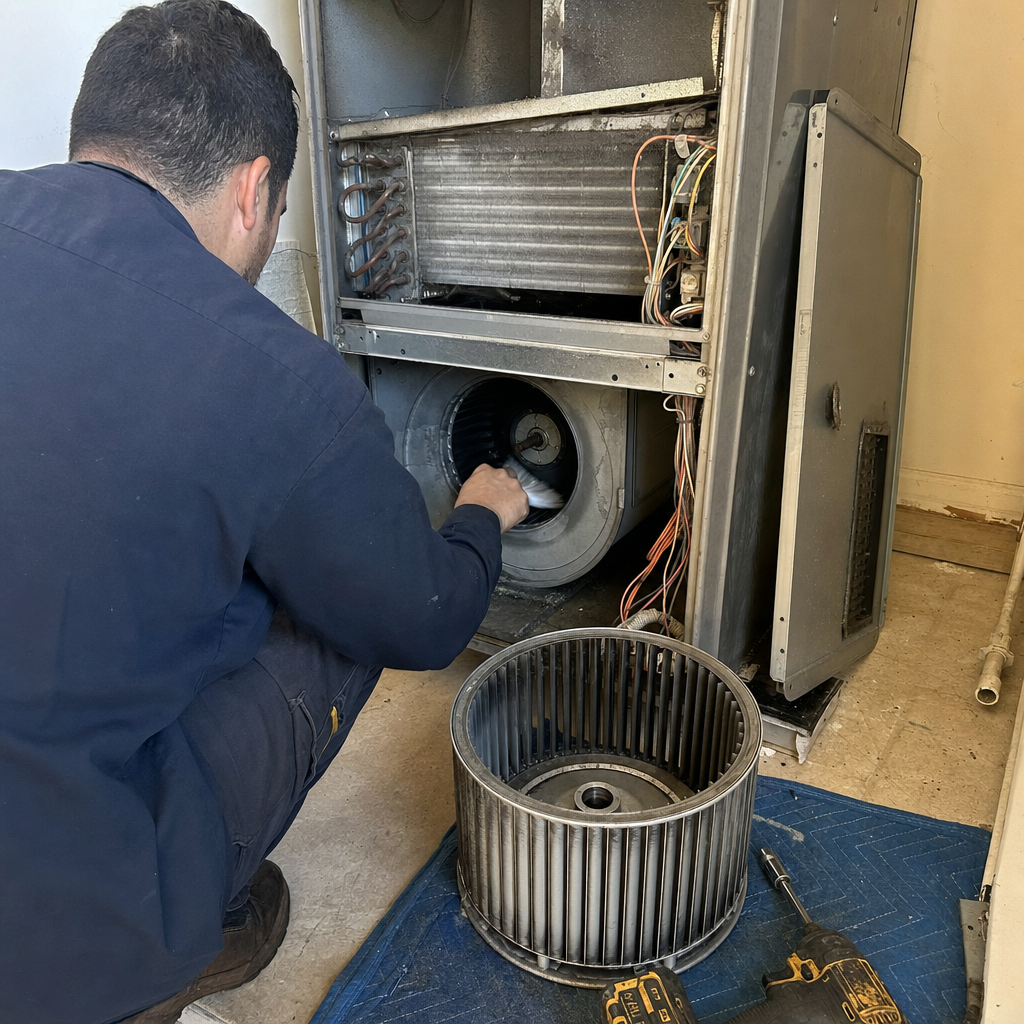 HVAC technician cleaning blower wheel and components during professional maintenance service